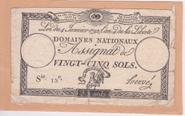 ASSIGNAT DE 25 SOLS - Série 12°  - DOMAINES NATIONAUX - LOI DU 4 JANVIER 1792  DE LA LIBERTE - Assignats