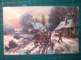 CARTE POSTALE, ART, PEINTURE ; Belle Carte Avec L'image D'une Calèche Transportant Un Sapin De Noël Le Long D'une Route - Paintings