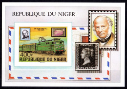 Niger 1979, Train, Stamp On Stamp, Penny Black, Rowland Hill, BF IMPERFORATED - Timbres Sur Timbres