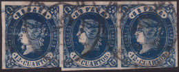 Spain 1862 Sc 57a España Ed 59a Strip Of 3 Used "3" (Cádiz) Cartwheel (rueda) Cancels - Used Stamps