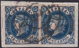 Spain 1862 Sc 57a España Ed 59a Pair Used "3" (Cádiz) Cartwheel (rueda) Cancel On Piece - Used Stamps