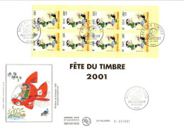 FDC GF Soie - Carnet Fête Du Timbre 2001, Gaston Lagaffe, 24/2/01 - 2000-2009