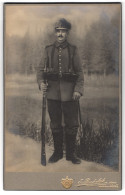 Fotografie E. Rudolph, Hof I. B., Lorenzstr. 3, Portrait Sächsischer Jäger In Uniform Mit Gewehr Und Bajonett  - Oorlog, Militair