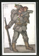 Künstler-AK Richard Klein: Soldat Mit Kleinkind Auf Dem Arm, 1914  - Sonstige & Ohne Zuordnung
