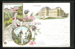 Lithographie Graz, Schlossberg-Bahn, K.K. Universität, Hilmwarte  - Sonstige & Ohne Zuordnung