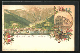 Lithographie Zell Am See, Hotel Auf Der Schmittenhöhe, Ortsansicht Vom See Aus  - Autres & Non Classés