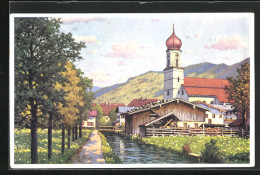 Künstler-AK Ganzsache PP120C1 /02: Oberammergau, Passionsspiele 1930, Partie Am Mühlbach Mit Kirche  - Sonstige & Ohne Zuordnung