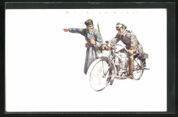 Künstler-AK Sign. K. W. Boehmer: Höchste Eile, Soldat Auf Dem Motorrad  - Motos