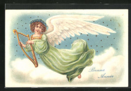Präge-Lithographie Neujahrsgruss, Neujahrsengel Mit Harfe  - Angels