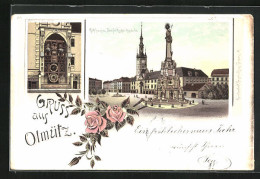 Lithographie Olmütz, Rathaus Mit Dreifaltigkeitssäule, Astronom. Kunstuhr  - Czech Republic