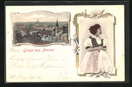 AK Prerau /Prerov, Totalansicht, Frau In Tracht  - Czech Republic