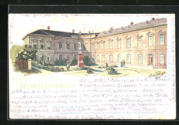 Lithographie Mähr. Weisskirchen, Schul-Platz Mit Dem Kaiser Franz Josef I. Monument  - Czech Republic