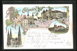 Lithographie Olmütz, Hotel Lauer, Domkirche, Stadt-Theater  - Tchéquie