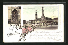 Lithographie Olmütz /Olomouc, Rathaus Mit Dreifaltigkeitssäule, Astronom. Kunstuhr  - Tchéquie