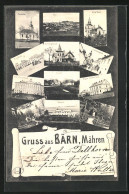 AK Bärn /Mähren, Kirchengasse, Bahnhof, Villa Sigmund, Krankenhaus, Freihof  - Tchéquie