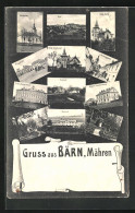 AK Bärn /Mähren, Kirchengasse, Bahnhof, Villa Sigmund, Krankenhaus, Bürgerschule  - Tchéquie