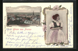 AK Prerov /Prerau, Teilansicht Der Stadt, Frau In Tracht  - Czech Republic