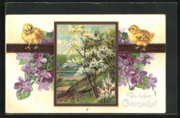 Präge-AK Landschaft Mit Baumblüte, Osterküken & Blumen, Ostergruss  - Ostern