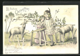 Präge-AK Zwei Mädchen Mit Lämmern Am Zaun, Ostergruss  - Easter