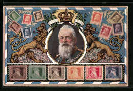 AK Prinzregent Luitpold Im Portrait Von Löwen Gehalten, Verschiedene Briefmarken  - Royal Families