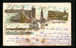 Lithographie Hamburg, Uhlenhorst, Nicolai-Kirche, Zoologischer Garten, Alsterblick  - Nord