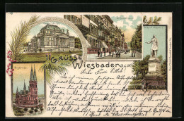 Lithographie Wiesbaden, Neues Theater, Ringkirche, Partie In Der Wilhelmstrasse  - Theatre