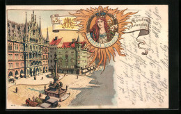 Lithographie München, Marienplatz Aus Der Vogelschau, Patrona Bavaria  - München