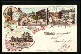 Lithographie München, Promenadenplatz, Bayrischer Löwe, Stadtpost  - München