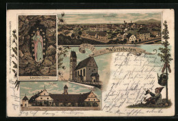 Lithographie Wörishofen, Ortsansicht Aus Der Vogelschau, Lourdes-Grotte Und Kloster  - Bad Woerishofen