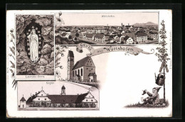 Lithographie Wörishofen, Ortsansicht Aus Der Vogelschau, Lourdes-Grotte Und Kloster  - Bad Woerishofen