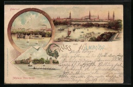 Lithographie Hamburg, Blick Auf Alsterlust, Fährhaus Uhlenhorst  - Mitte