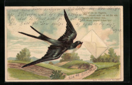 Präge-AK Fliegende Schwalbe Mit Brief über Landschaft  - Birds
