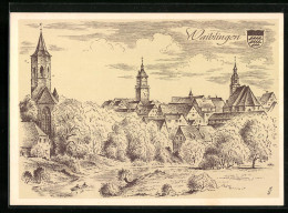 Künstler-AK Waiblingen, Ortsansicht Mit Kirche, Wappen  - Waiblingen