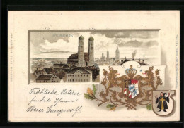 Passepartout-Lithographie München, Teilansicht, Wappen, Münchener Kindl  - Sonstige & Ohne Zuordnung