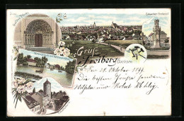 Lithographie Freiberg /Sa., Teilansicht, Goldne Pforte, Donathsturm, Kreuzteich Mit Mühle  - Freiberg (Sachsen)