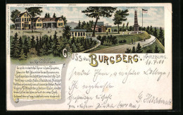 Lithographie Harzburg, Hotel Burgberg Mit Brocken Und Canossasäule, Gedicht Am Kaiserbrunnen  - Bad Harzburg