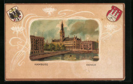 Passepartout-Lithographie Hamburg, Rathaus Vom Wasser Aus, Wappen  - Sonstige & Ohne Zuordnung