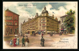 Lithographie München, Partie Mit Hotel Deutscher Kaiser Und Passanten  - Muenchen