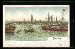 Lithographie Hamburg, Der Hafen Mit Segelschiff Und Barkasse  - Other & Unclassified