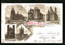 Lithographie Köln, Kirchen St. Maria, St. Aposteln, St. Gereon, St. Martin Und Dom  - Koeln