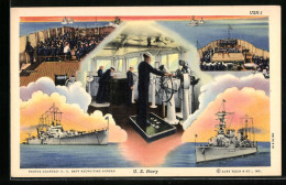 Künstler-AK US Navy, Kriegsschiff-Brücke, Messe  - Warships