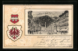 Passepartout-Lithographie Innsbruck, Maria Theresiastrasse Mit Säulendenkmal, Wappen  - Autres & Non Classés