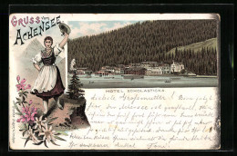 Lithographie Achenkirch, Hotel Scholasticka Am Achensee, Tirolerin  - Autres & Non Classés