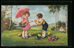 AK Kinder Mit Osterküken Zum Feste  - Ostern