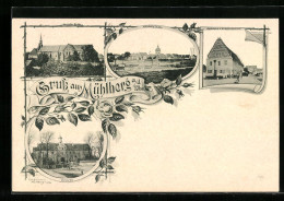 AK Mühlberg A. D. Elbe, Schloss, Teilansicht, Rathaus Und Kriegerdenkmal, Altstädter Kirche  - Mühlberg