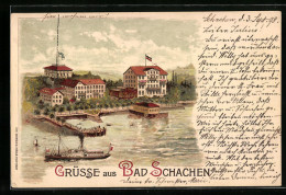 Lithographie Bad Schachen Bei Lindau, Ortsansicht Mit Dampfer Und Hotels  - Lindau A. Bodensee