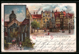 Lithographie Hildesheim, Dom Mit Rosenstrauch, Pemplerhaus  - Hildesheim