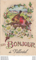 X16-47) VILLEREAL - UN BONJOUR - (CARTE FANTAISIE AVEC FLEURS ET NID D' OISEAUX - ROUGE GORGE - PAYSAGE - 2 SCANS) - Andere & Zonder Classificatie