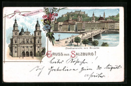 Lithographie Salzburg, Domkirche, Stadtansicht Mit Brücke  - Autres & Non Classés