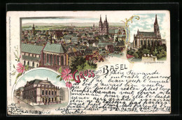 Lithographie Basel, Teilansicht, St. Elisabethenkirche, Theater  - Bâle